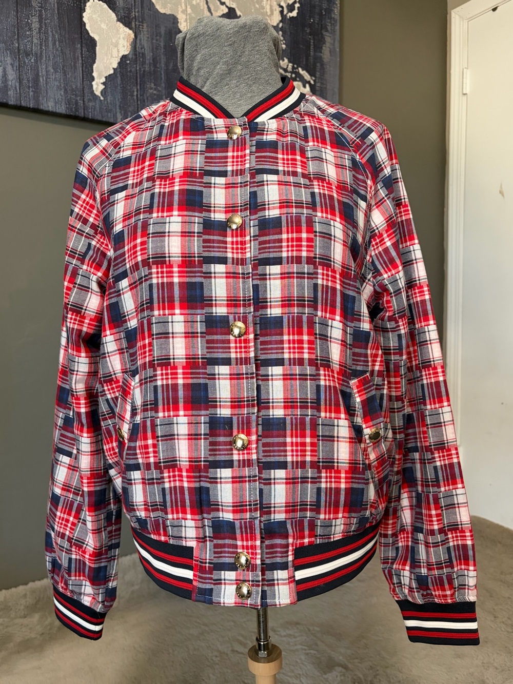 Tommy Hilfiger Plaid Patchwork Bomber Jacket L Red White Blue Cotton